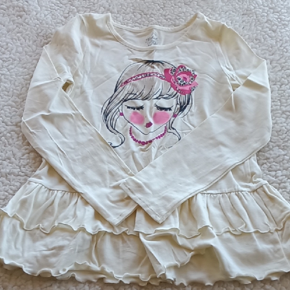 Faded Glory Cream Long Sleeve Tee with Artistic Floral Design